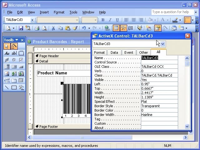 Screenshot of Access 2003 with the TALtech Barcode ActiveX control panel.