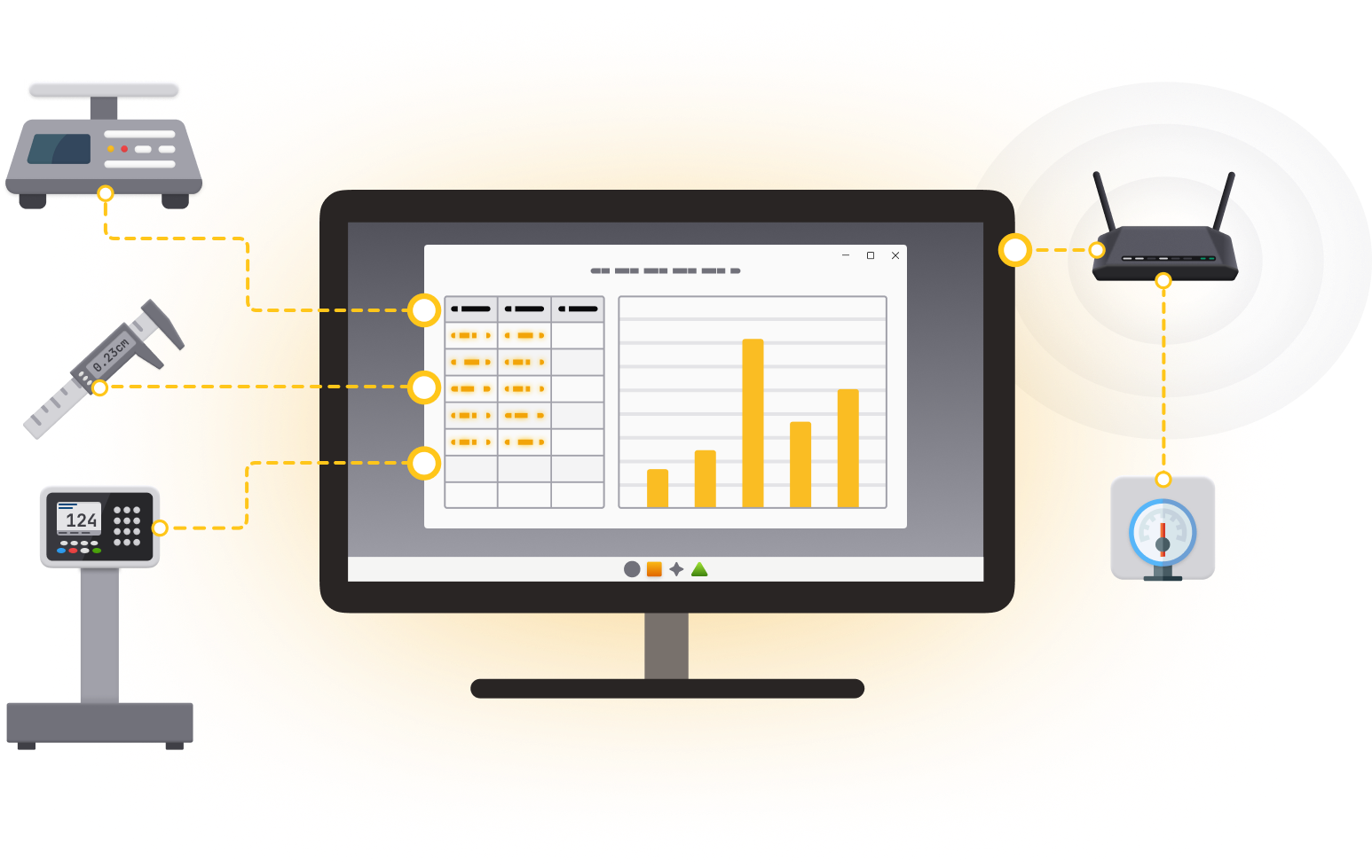 Minimal, geometric styled diagram displaying multiple nondescript professional instrument devices sending data directly into a Windows using TALtech software. The devices depicted here are a scale, caliper, and gauge device connected to a network.